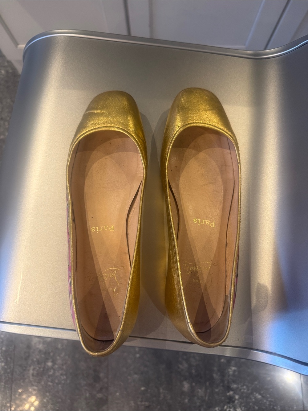 Christian Louboutin Gold and Pink Graffiti Ballet Flats - Picture 7 of 9